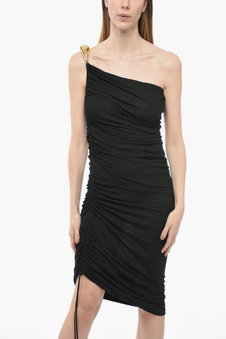 One-shoulder Draped Dress with Gold-tone Metal Detail