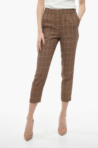 Leinenhose mit Windowpane-Karo und elastischem Bund
