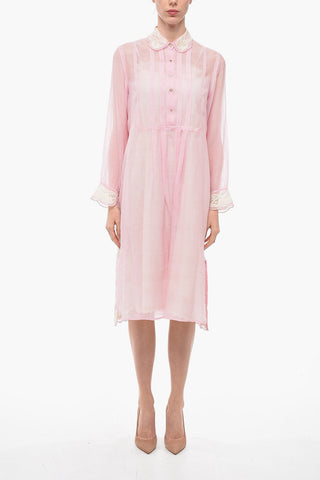 Silk Blend Shirt Dress with Lace Details