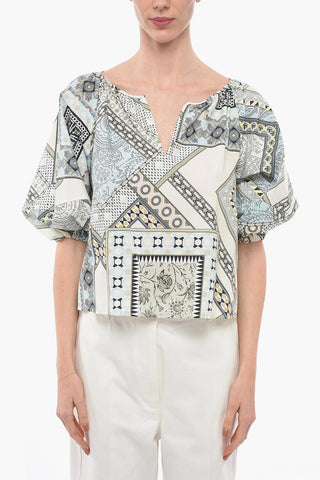 Pattern Print Puffed Sleeves Blouse