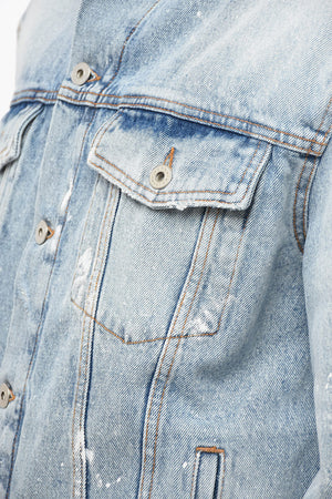 Distressed Denim Jacket with Logo Patch