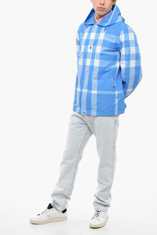 Hooded Windbreaker Jacket with Check Pattern