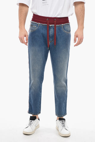 Jeans Cropped Fit con Elastico in Vita e Bande Logate 16cm