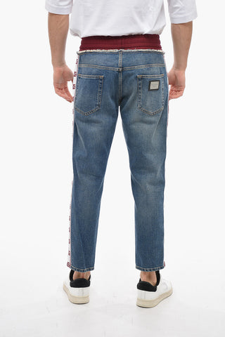 Jeans Cropped Fit con Elastico in Vita e Bande Logate 16cm