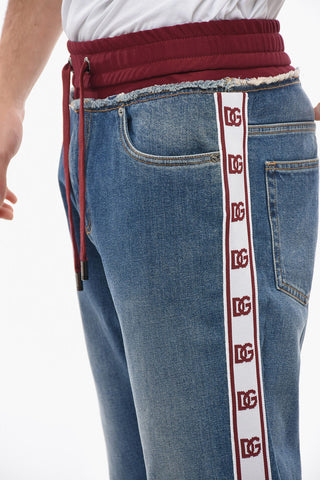 Jeans Cropped Fit con Elastico in Vita e Bande Logate 16cm