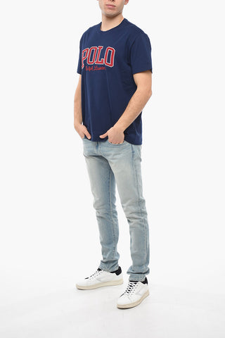 Crew Neck Cotton T-Shirt with Corduroy Patch