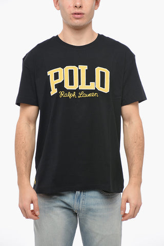 Crew Neck Cotton T-Shirt with Corduroy Patch