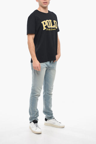 Crew Neck Cotton T-Shirt with Corduroy Patch