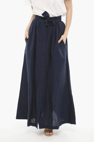 Cotton and Linen Maxi Skirt with Front Buttons