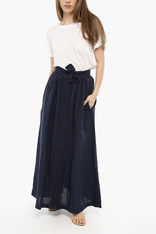 Cotton and Linen Maxi Skirt with Front Buttons