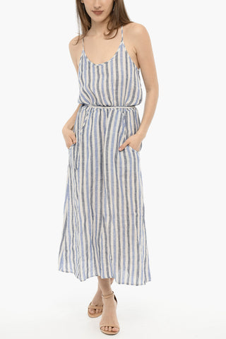 Awning-Striped Linen Maxi Dress with Belt