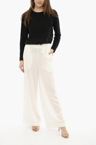 Wide Leg Twill Pants with Drawstring Waist