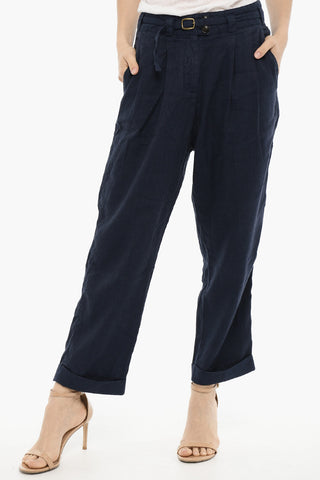 Double pleat Cotton and Linen Pants with Belt