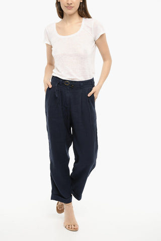 Double pleat Cotton and Linen Pants with Belt