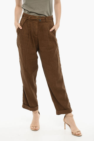 Pantaloni a Doppia Pince in Cotone e Linio con Cintura