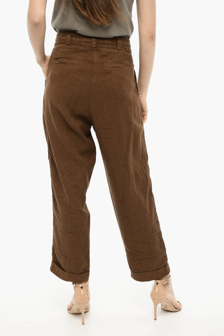 Pantaloni a Doppia Pince in Cotone e Linio con Cintura