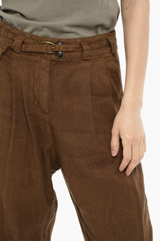 Pantaloni a Doppia Pince in Cotone e Linio con Cintura