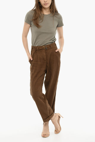 Pantaloni a Doppia Pince in Cotone e Linio con Cintura