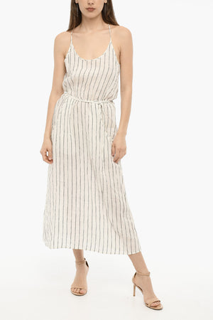 Awning-Striped Linen Maxi Dress with Belt