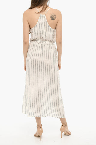 Awning-Striped Linen Maxi Dress with Belt