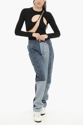WHITE LINE Jeans Bicolore con Stampa Laterale 20cm