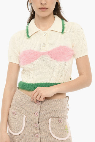 Maglia Crop con Collo a Polo e Dettagli Furry