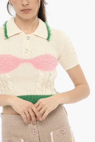 Maglia Crop con Collo a Polo e Dettagli Furry