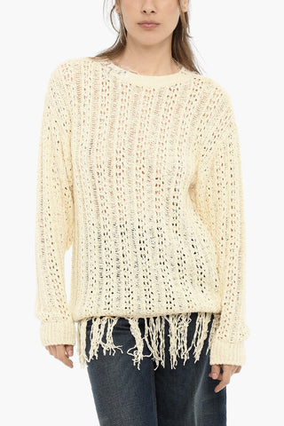 Perforated Crew-neck Sweater with Fringes