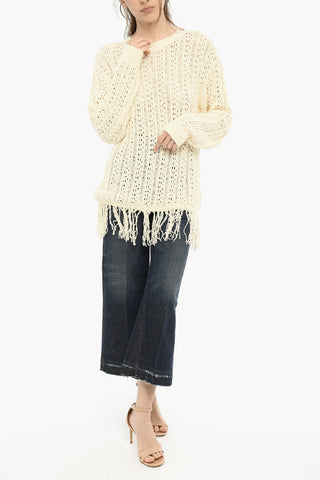 Perforated Crew-neck Sweater with Fringes