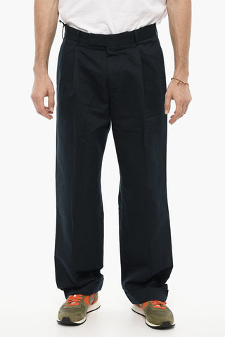 Cotton and Linen Single-Pleat Pants with Cuffed Hem
