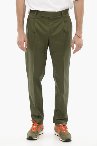 Stretch Cotton Single-Pleat Pants with Cuffed Hem