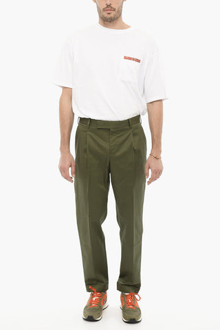 Stretch Cotton Single-Pleat Pants with Cuffed Hem