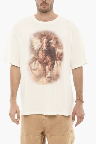 Solid Color Crew-neck T-Shirt with Horse Print