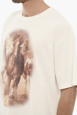 Solid Color Crew-neck T-Shirt with Horse Print