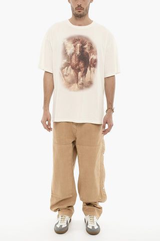 Solid Color Crew-neck T-Shirt with Horse Print