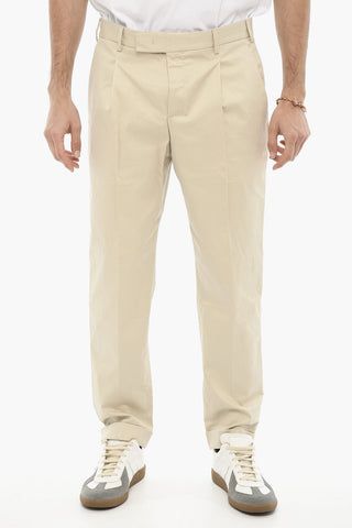 Stretch Cotton Single-Pleat Pants with Cuffed Hem