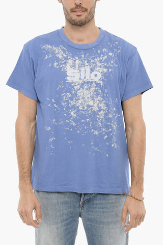 T-Shirt Girocollo in Tinta Unita con Stampa Effetto Acid-Wash