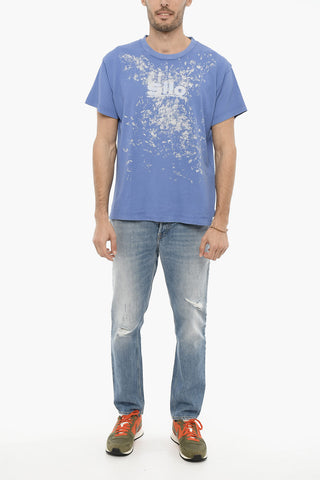 Solid Color Crew-neck T-Shirt with Acid-Wash Effect Print
