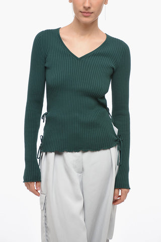 Ribbed Cotton Sweater with Lace-up Detail