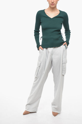 Ribbed Cotton Sweater with Lace-up Detail