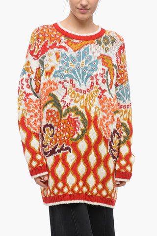 Jacquard Wool Crew Neck Pullover with Paisley Motif