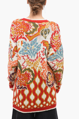 Jacquard Wool Crew Neck Pullover with Paisley Motif