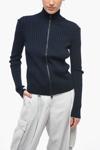 Ribbed Cotton Mock Neck Sweater with Front Zip