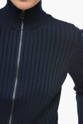 Ribbed Cotton Mock Neck Sweater with Front Zip