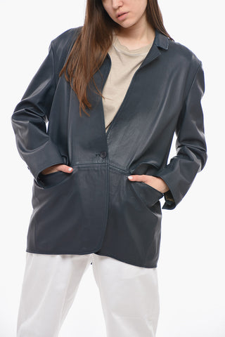 Leather Long Jacket with Flap Pockets