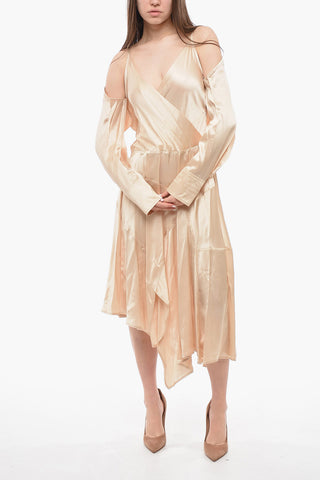 Vestito Satinato a Maniche Lunghe con Spalle Scoperte