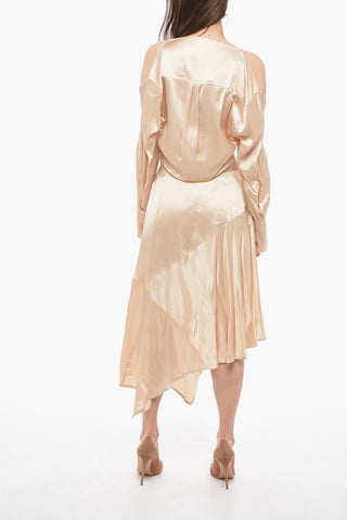 Vestito Satinato a Maniche Lunghe con Spalle Scoperte