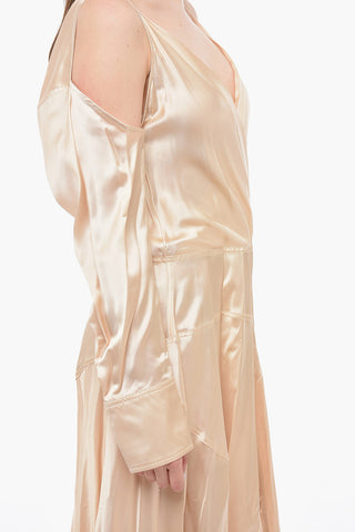 Vestito Satinato a Maniche Lunghe con Spalle Scoperte