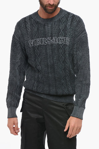 Crew Neck Aran Cotton Pullover with Embroidered Logo