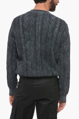 Crew Neck Aran Cotton Pullover with Embroidered Logo